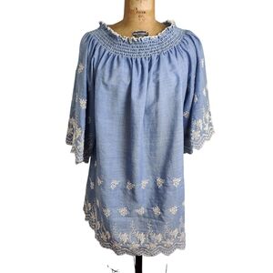 Lilypad Blue Embroidered Top with Smocked Neckline, 1X